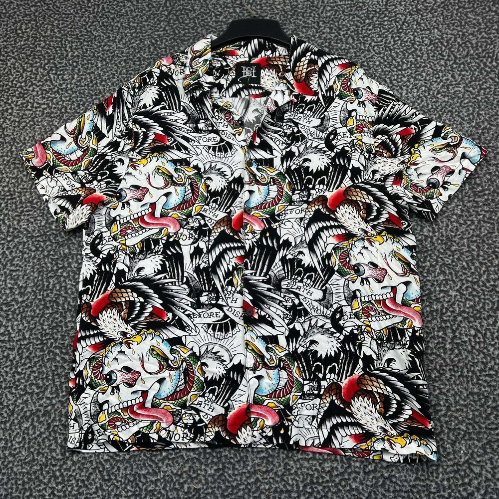 Ed Hardy Button Up Shirt Men Large Tattoo Print Skulls Eagles Short Sleeve L